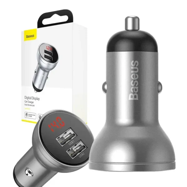 Automobilinis įkroviklis Baseus su ekranu, 2x USB, 4,8A, 24W (srebrna) - Image 8