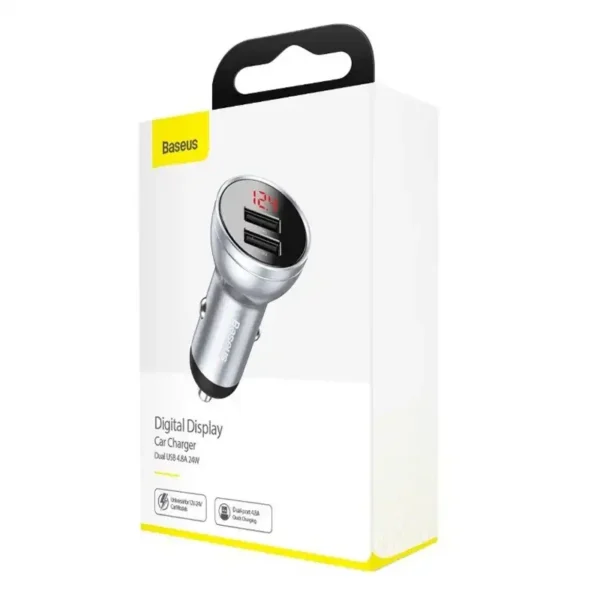 Automobilinis įkroviklis Baseus su ekranu, 2x USB, 4,8A, 24W (srebrna) - Image 6