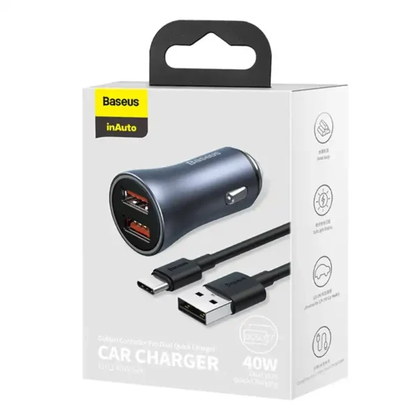 Automobilinis įkroviklis Baseus Golden Contactor Pro, 2x USB, 40W (šara) + kabel USB do USB-C 1m (juodas) - Image 9