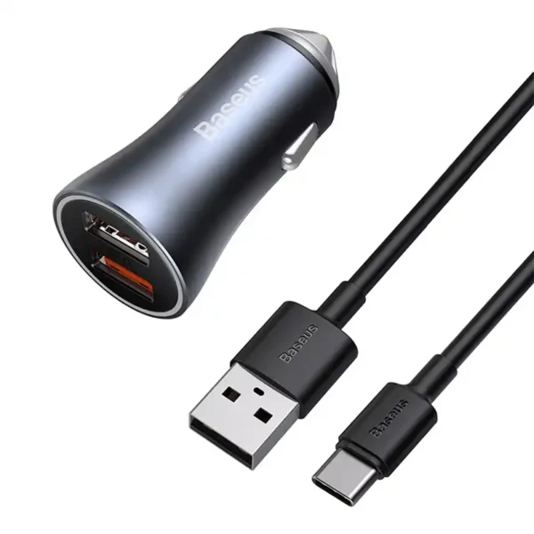 Automobilinis įkroviklis Baseus Golden Contactor Pro, 2x USB, 40W (šara) + kabel USB do USB-C 1m (juodas) - Image 4