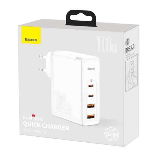 Kelioninis įkroviklis Baseus GaN2 Pro Quick 2x USB + 2x USB-C, 100W, ES (baltas) - Image 7
