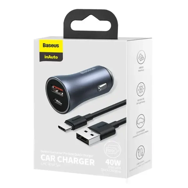 Automobilinis įkroviklis Baseus Golden Contactor Pro, USB + USB-C, QC4.0+, PD, SCP, 40W (šara) + kabelis USB do USB-C 1m (juodas) - Image 8