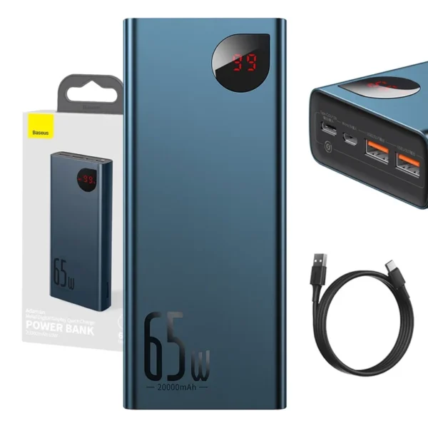Išorinė baterija Baseus Adaman Metal 20000mAh PD QC 3.0 65W 2xUSB + USB-C + micro USB (mėlynas) - Image 10