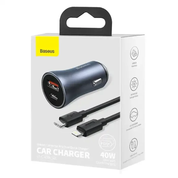 Automobilinis įkroviklis Baseus Golden Contactor Pro, USB + USB-C, QC4.0+, PD, SCP, 40W (šara) + kabelis USB-C do iP 1m (juodas) - Image 8