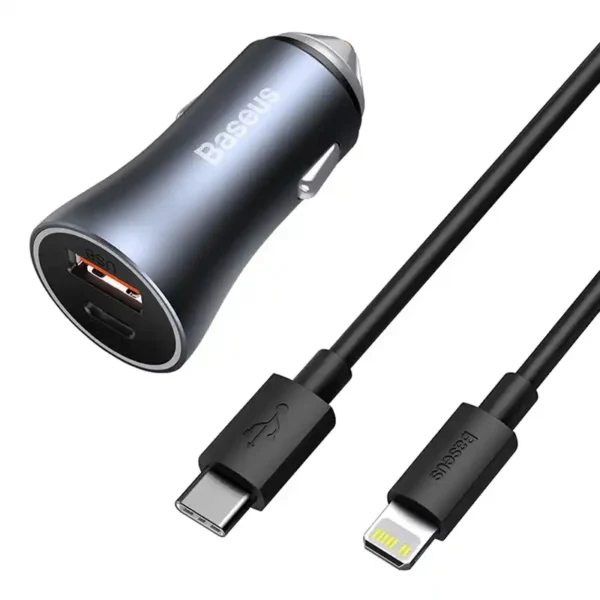 Automobilinis įkroviklis Baseus Golden Contactor Pro, USB + USB-C, QC4.0+, PD, SCP, 40W (šara) + kabelis USB-C do iP 1m (juodas) - Image 7