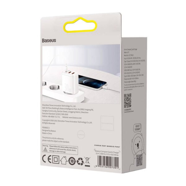 Greitasis įkroviklis Baseus Compact, 2xUSB, USB-C, PD, 3A, 30W (baltas) - Image 7