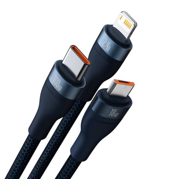 3in1 USB kabelis Baseus Flash Series, USB-C + micro USB + Lightning, 100 W, 1,2 m (mėlynas) - Image 8