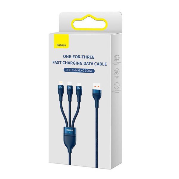 3in1 USB kabelis Baseus Flash Series, USB-C + micro USB + Lightning, 100 W, 1,2 m (mėlynas) - Image 7