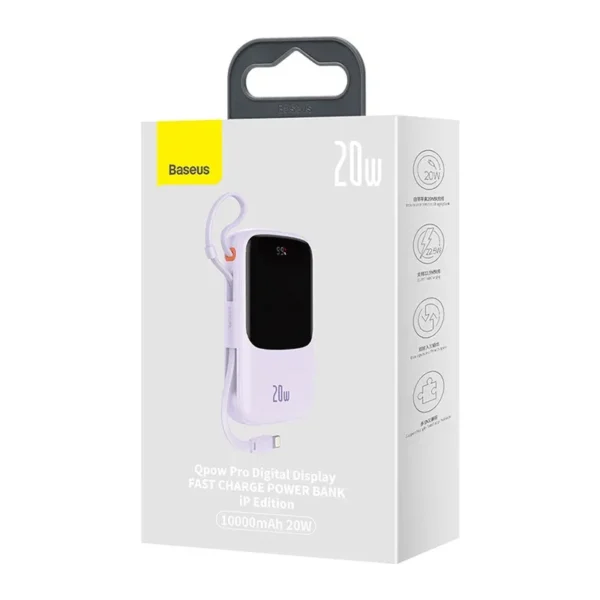 Išorinė baterija Baseus Qpow Pro su Lightning laidu, USB-C, USB, 10000mAh, 20W (violetinis) - Image 7