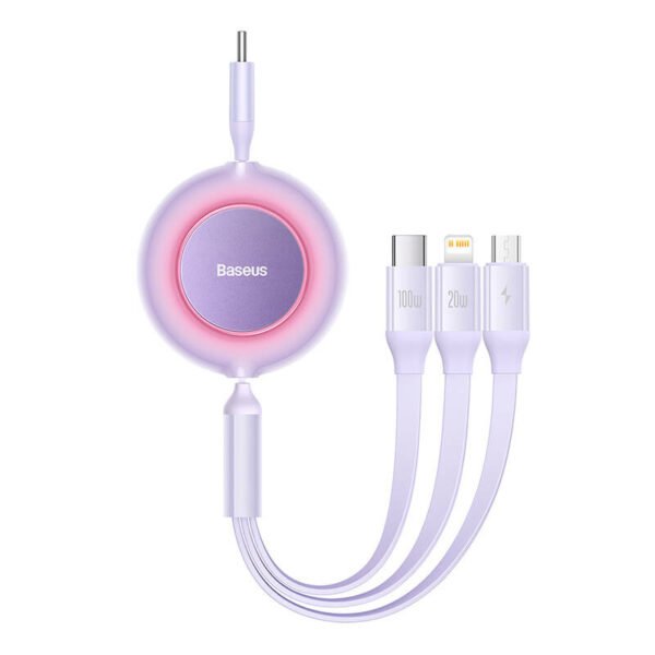 USB-C 3-in-1 kabelis Baseus Bright Mirror 4, skirtas micro USB / USB-C / Lightning 100 W / 3,5 A 1,1 m (violetinis) - Image 2