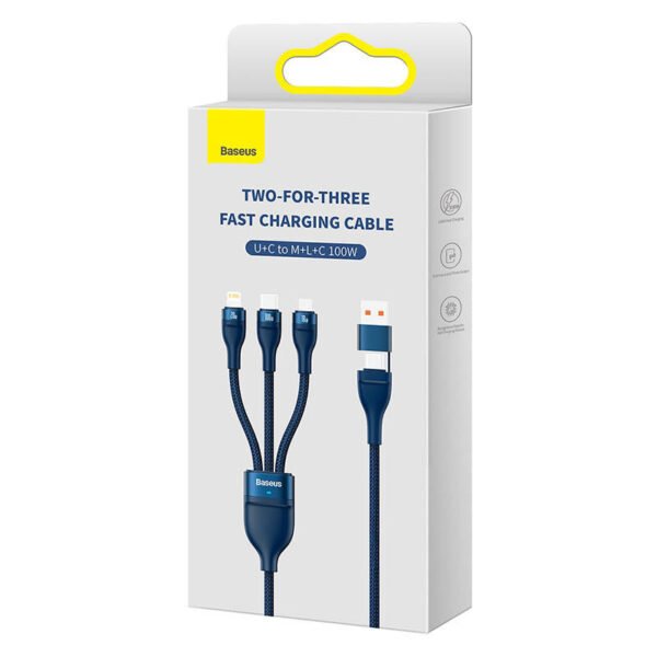 USB kabelis 3in1 Baseus Flash Series 2, USB-C + micro USB + Lightning, 100 W, 1,2 m (mėlynas) - Image 5