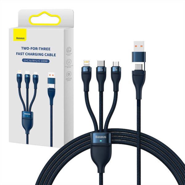 USB kabelis 3in1 Baseus Flash Series 2, USB-C + micro USB + Lightning, 100 W, 1,2 m (mėlynas) - Image 6