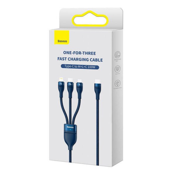 3v1 USB kabelis Baseus Flash Series 2, USB-C + micro USB + Lightning, 100 W, 1,5 m (mėlynas) - Image 5