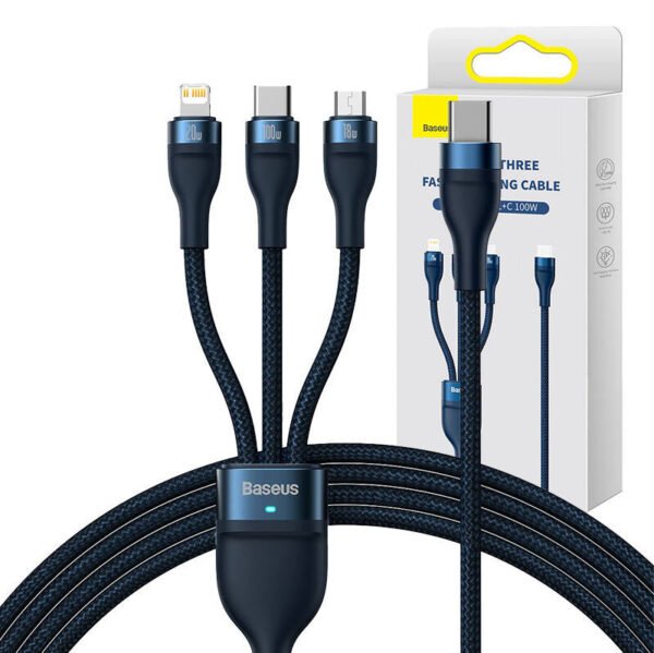 3v1 USB kabelis Baseus Flash Series 2, USB-C + micro USB + Lightning, 100 W, 1,5 m (mėlynas) - Image 6