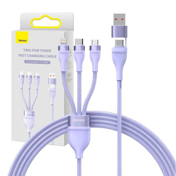3v1 USB kabelis Baseus Flash Series 2, USB-C + micro USB + Lightning, 100 W, 1,2 m (violetinis) - Image 6