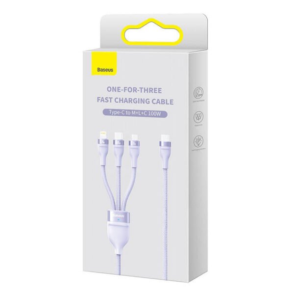 3v1 USB kabelis Baseus Flash Series 2, USB-C + micro USB + Lightning, 100 W, 1,5 m (violetinis) - Image 6