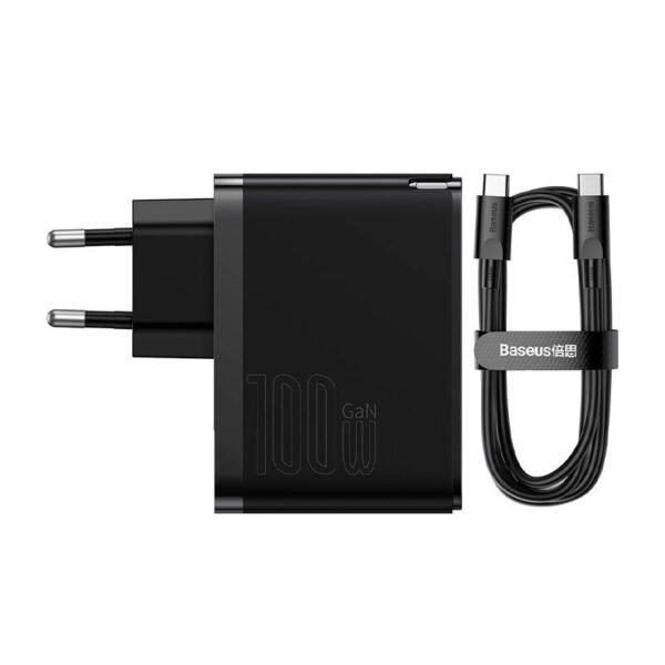 Sieninis įkroviklis Baseus GaN USB-C + USB, 100 W + 1 m laidas (juodas) - Image 3