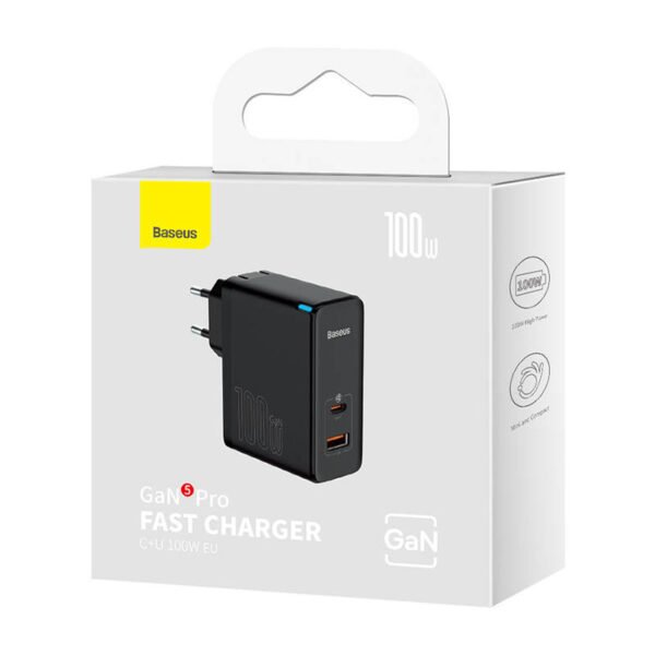 Sieninis įkroviklis Baseus GaN USB-C + USB, 100 W + 1 m laidas (juodas) - Image 8