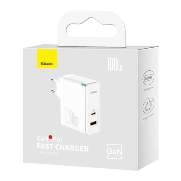Sieninis įkroviklis Baseus GaN5 Pro USB-C + USB, 100 W + 1 m kabelis (baltas) - Image 6