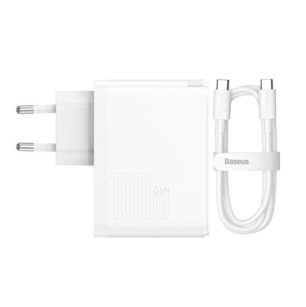 Sieninis įkroviklis Baseus GaN5 Pro USB-C + USB, 100 W + 1 m kabelis (baltas) - Image 3