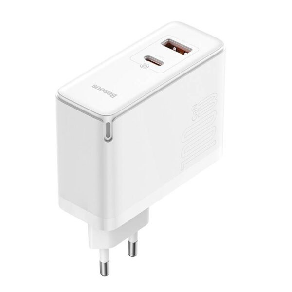Sieninis įkroviklis Baseus GaN5 Pro USB-C + USB, 100 W + 1 m kabelis (baltas) - Image 4