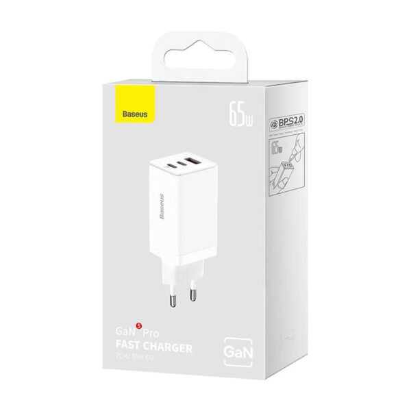 Sieninis įkroviklis Baseus GaN5 Pro 2xUSB-C + USB, 65W (baltas) - Image 7