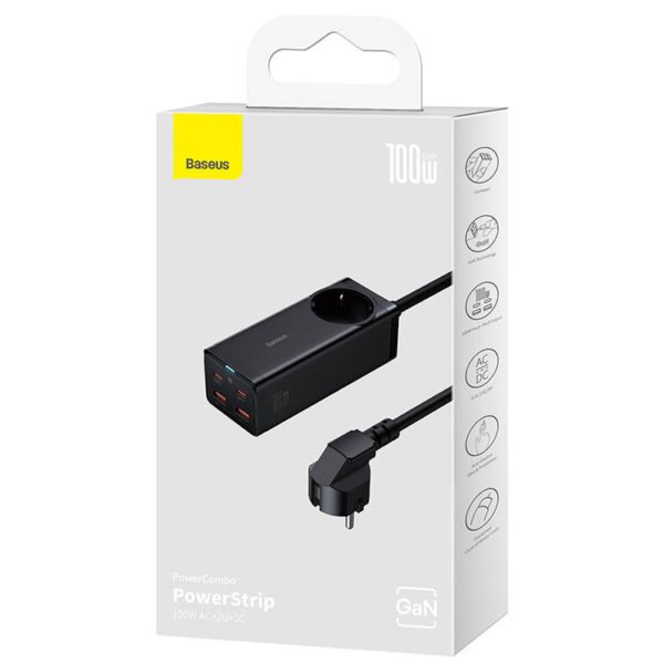Sieninis įkroviklis Baseus GaN3 Pro / maitinimo juosta 2xUSB + 2xUSB-C + AC, 100 W (juodas) - Image 9
