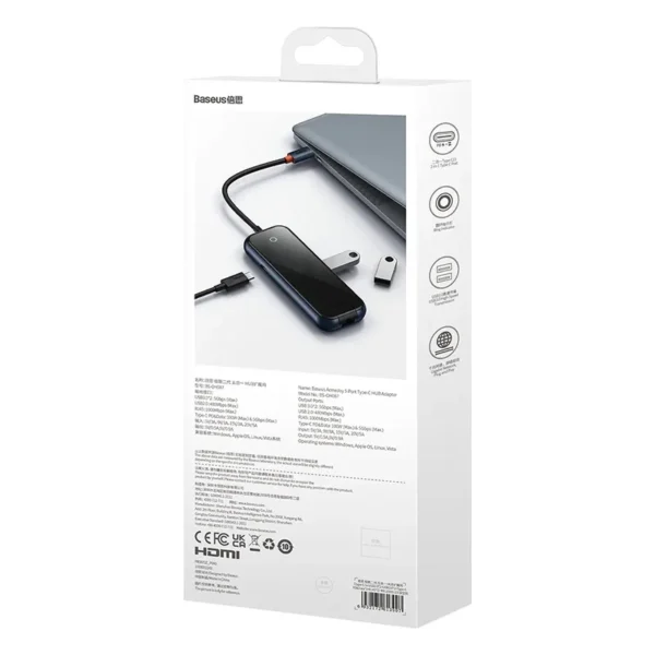 Hub 5in1 Baseus AcmeJoy serija USB-C į 2xUSB 3.0 + USB 2.0 + USB-C PD + RJ45 (tamsiai pilkas) - Image 11