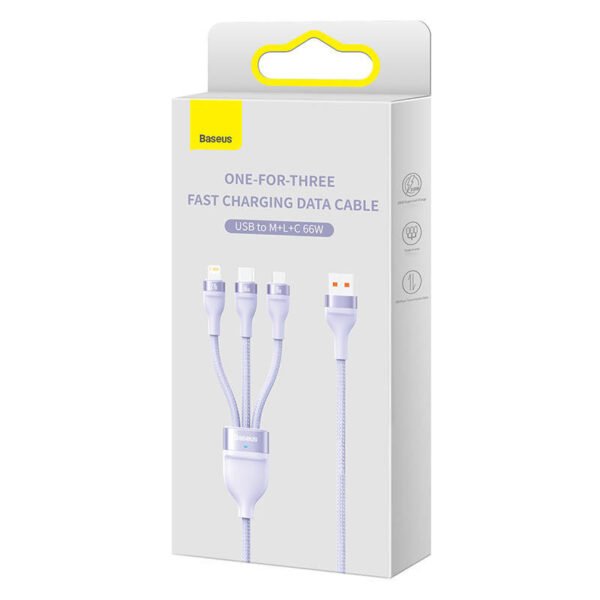 3v1 USB kabelis Baseus Flash II serijos, USB-C + micro USB + Lightning, 66 W, 1,2 m (violetinis) - Image 5