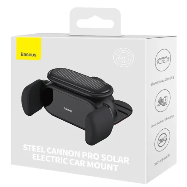 Saulės energija įkraunamas elektrinis automobilinis telefono laikiklis Baseus Steel Cannon Pro (juodas) - Image 8