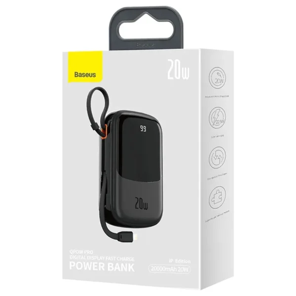 Išorinė baterija Baseus Qpow PRO su Lightning laidu, USB-C ir USB jungtimis, 20000 mAh, 20 W (juodas) - Image 6