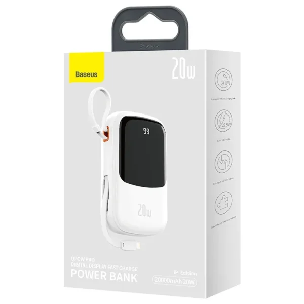 Išorinė baterija Baseus Qpow PRO su Lightning laidu, USB-C ir USB jungtimis, 20000 mAh, 20 W (baltas) - Image 6