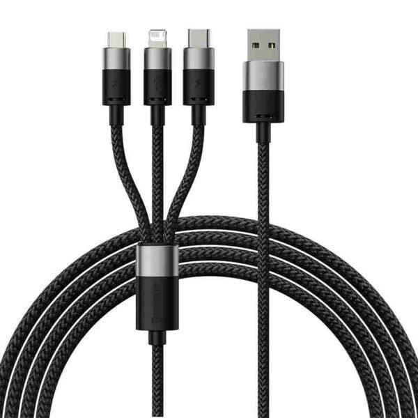 3in1 USB kabelis Baseus StarSpeed serijos, USB-C + Micro + Lightning 3,5A, 1,2 m (juodas) - Image 9