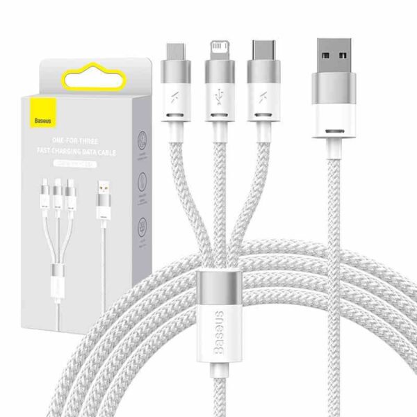 3in1 USB kabelis Baseus StarSpeed serijos, USB-C + Micro + Lightning 3,5 A, 1,2 m (baltas) - Image 7