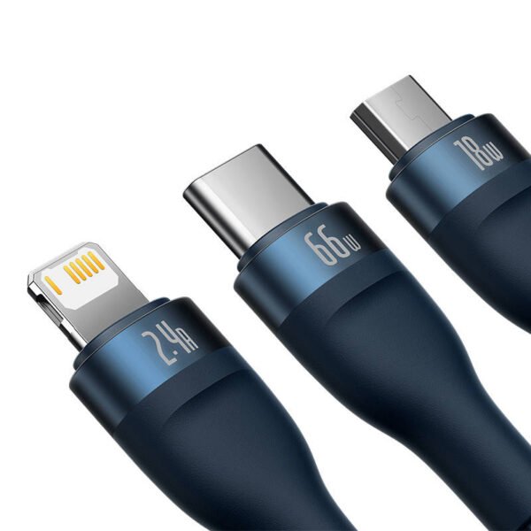 3in1 USB laidas Baseus USB 3in1 Baseus Flash Series, USB-C + Micro + Lightning 66W, 1,2 m (mėlynas) - Image 4