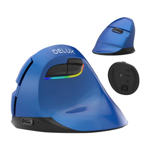 Belaidė vertikali pelė Delux M618Mini BT4.0 + 2.4 GHz 4000 DPI RGB (mėlyna) - Image 2