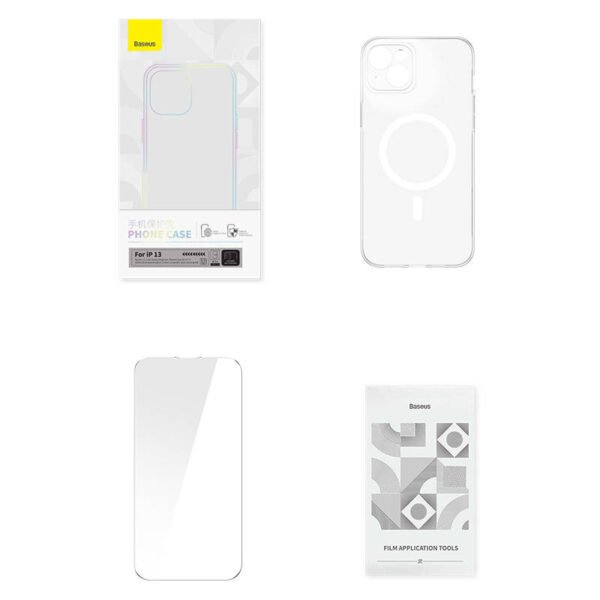 Telefono dėklas Baseus Magnetic Crystal Clear, skirtas iPhone 13 (skaidrus), su viso stiklo ekrano apsauga ir valymo rinkiniu - Image 10