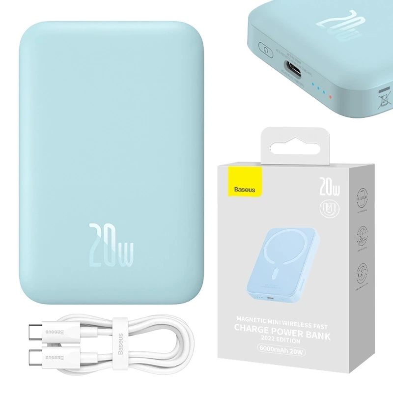 Išorinė baterija Baseus Magnetic Mini 6000 mAh, USB-C 20 W, MagSafe (mėlynas) - Image 12