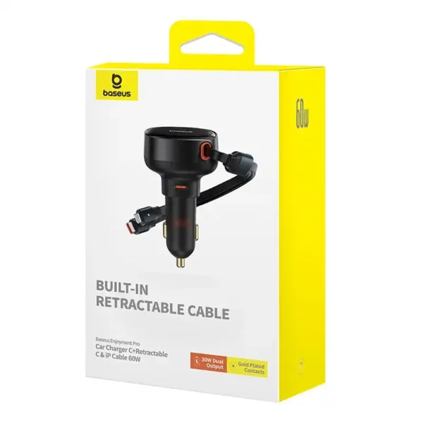 Automobilinis įkroviklis Baseus Enjoyment USB-C su USB-C kabeliu ir Lightning 60 W (juodas) - Image 8
