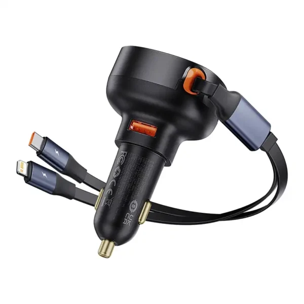 Automobilinis įkroviklis Baseus Enjoyment USB su USB-C kabeliu ir Lightning 60W (juodas) - Image 4