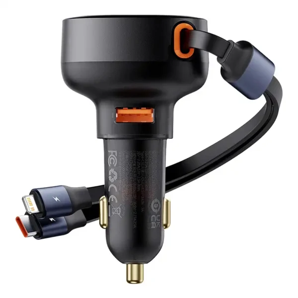 Automobilinis įkroviklis Baseus Enjoyment USB su USB-C kabeliu ir Lightning 60W (juodas) - Image 2