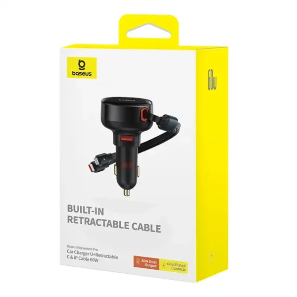 Automobilinis įkroviklis Baseus Enjoyment USB su USB-C kabeliu ir Lightning 60W (juodas) - Image 8