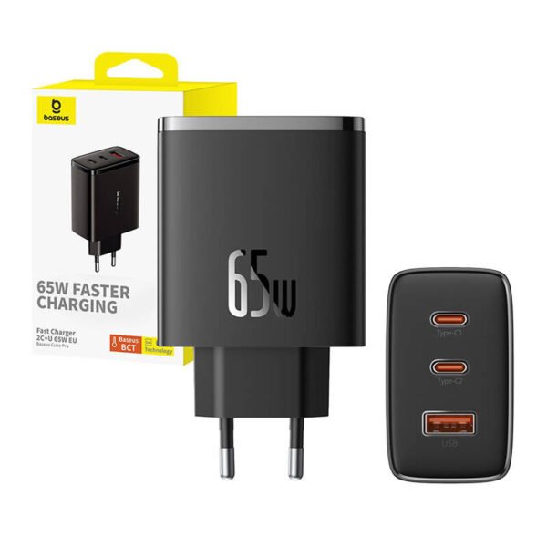 Sieninis įkroviklis Baseus OS-Cube Pro 2xUSB-C + USB, 65 W (juodas) - Image 7
