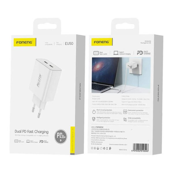 Sieninis įkroviklis Foneng EU50 PD 35W 2x USB-C prievadas (baltas) - Image 2