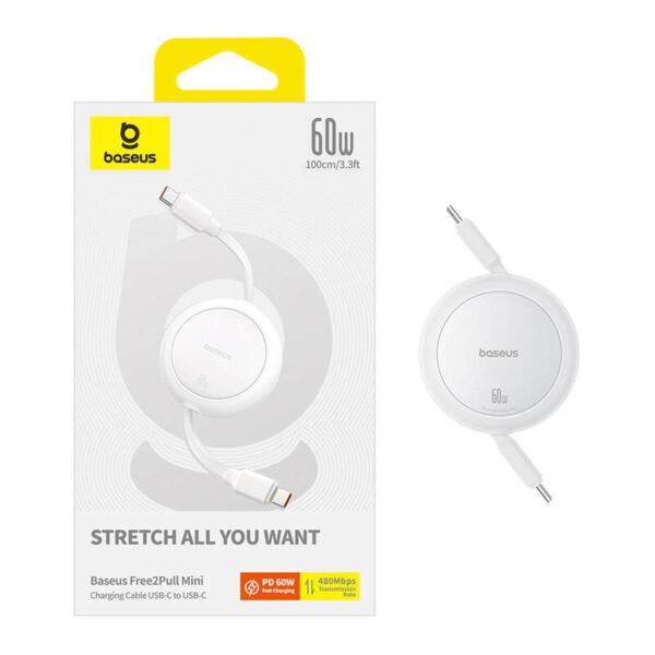 Baseus Free2Pull Mini USB-C į USB-C USB kabelis, 60W, 1m (baltas) - Image 8