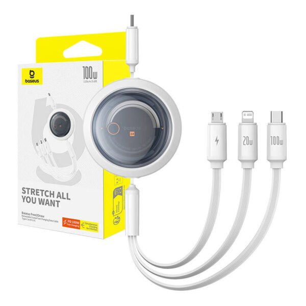 Greito įkrovimo laidas 3in1 Baseus Free2Draw USB-C į USB-C/Lightning/Micro 100W, 1,1m (baltas) - Image 9