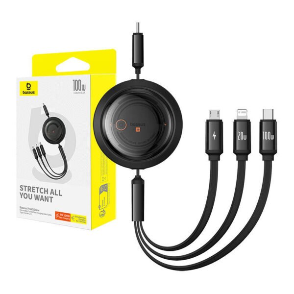 Greito įkrovimo laidas 3in1 Baseus Free2Draw USB-C į USB-C/Lightning/Micro 100W, 1,1m (juodas) - Image 9