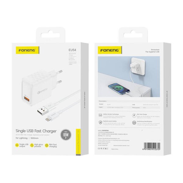 Foneng EU54 18W USB-A, 3A tinklo įkroviklis (baltas) + USB-A į Lightning laidas - Image 3