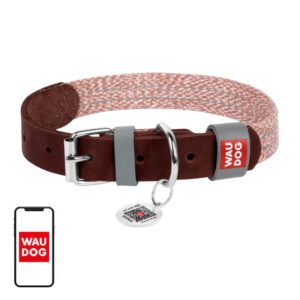 Dog collar made of natural leather and recycled material with QR code Waudog size S