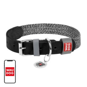 Dog collar made of natural leather and recycled material with QR code Waudog size S